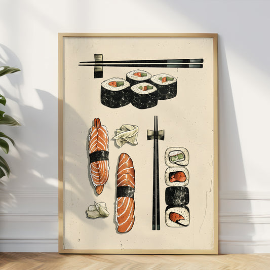 A framed sushi art print leaning against a white wall on a light wood floor, with a plant visible at the left edge. The print shows illustrated sushi pieces and chopsticks on an off-white background, enclosed in a thin light wood frame.