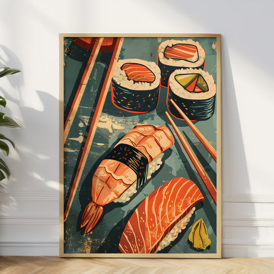 A framed art print featuring a stylized illustration of sushi, including nigiri, maki rolls, chopsticks, and a small piece of wasabi, leaning against a white wall on a light wood floor.