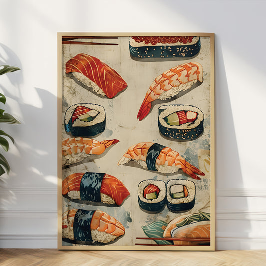 A framed vertical art print featuring an illustrated assortment of sushi pieces, leaning against a white wall on a light wood floor with a plant visible at the left edge.