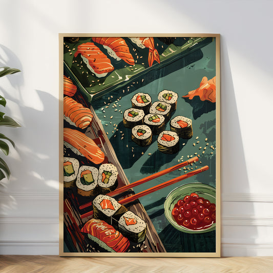 A framed vertical art print depicting a stylized sushi feast with salmon nigiri, maki rolls, chopsticks, and a bowl of red roe, leaning against a white wall on a light wood floor.