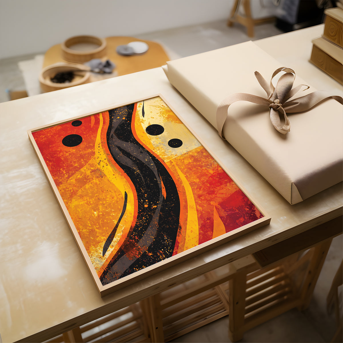 Abstract framed wall art with flowing orange, yellow, black, and red brushstrokes, displayed on a wooden table next to a wrapped gift box with a beige ribbon.