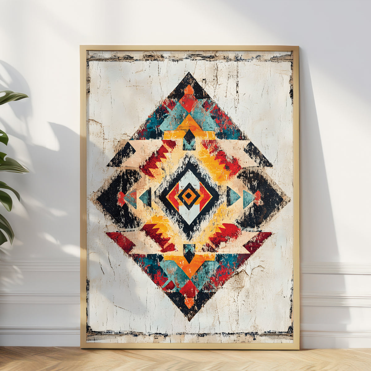 Framed geometric abstract art on a white wall with a plant to the left.