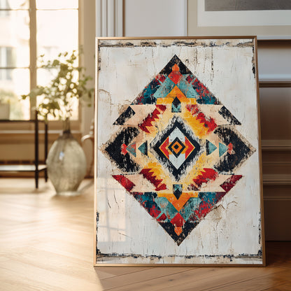 Framed geometric art print with a Southwestern diamond pattern in red, orange, yellow, blue, and black on a distressed white background, leaning against a wall on a wooden floor.