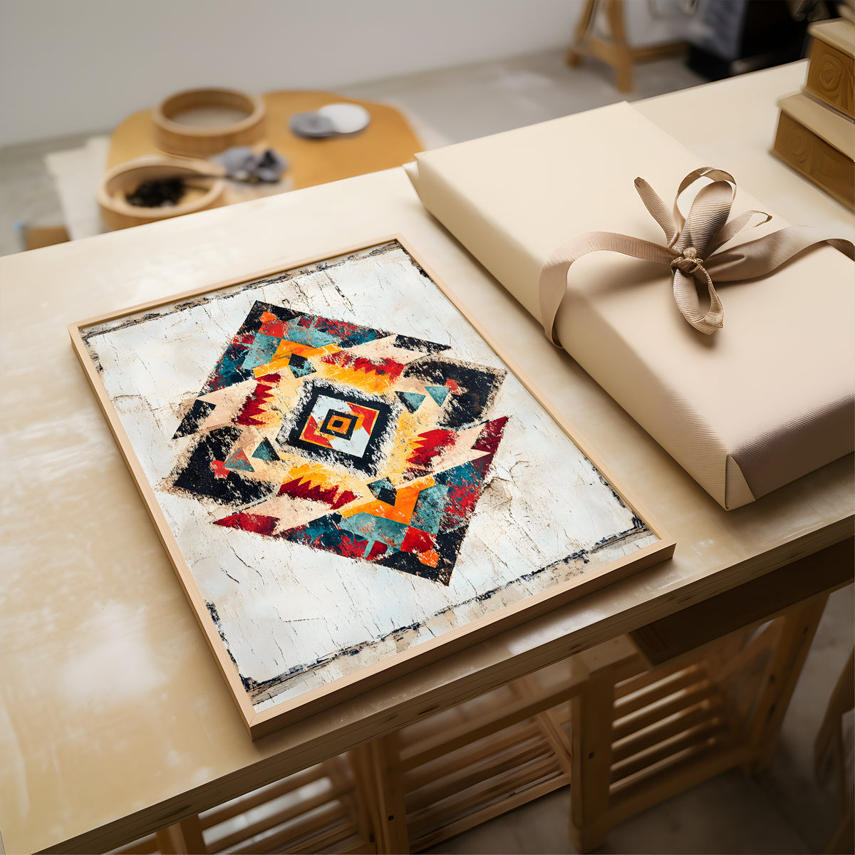 A framed abstract geometric art print featuring a colorful Southwestern-style diamond pattern on a textured off-white background, styled on a light wood table next to a beige gift box with a ribbon.