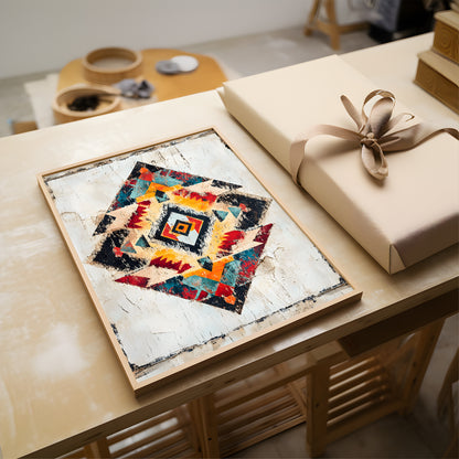 A framed abstract geometric art print featuring a colorful Southwestern-style diamond pattern on a textured off-white background, styled on a light wood table next to a beige gift box with a ribbon.