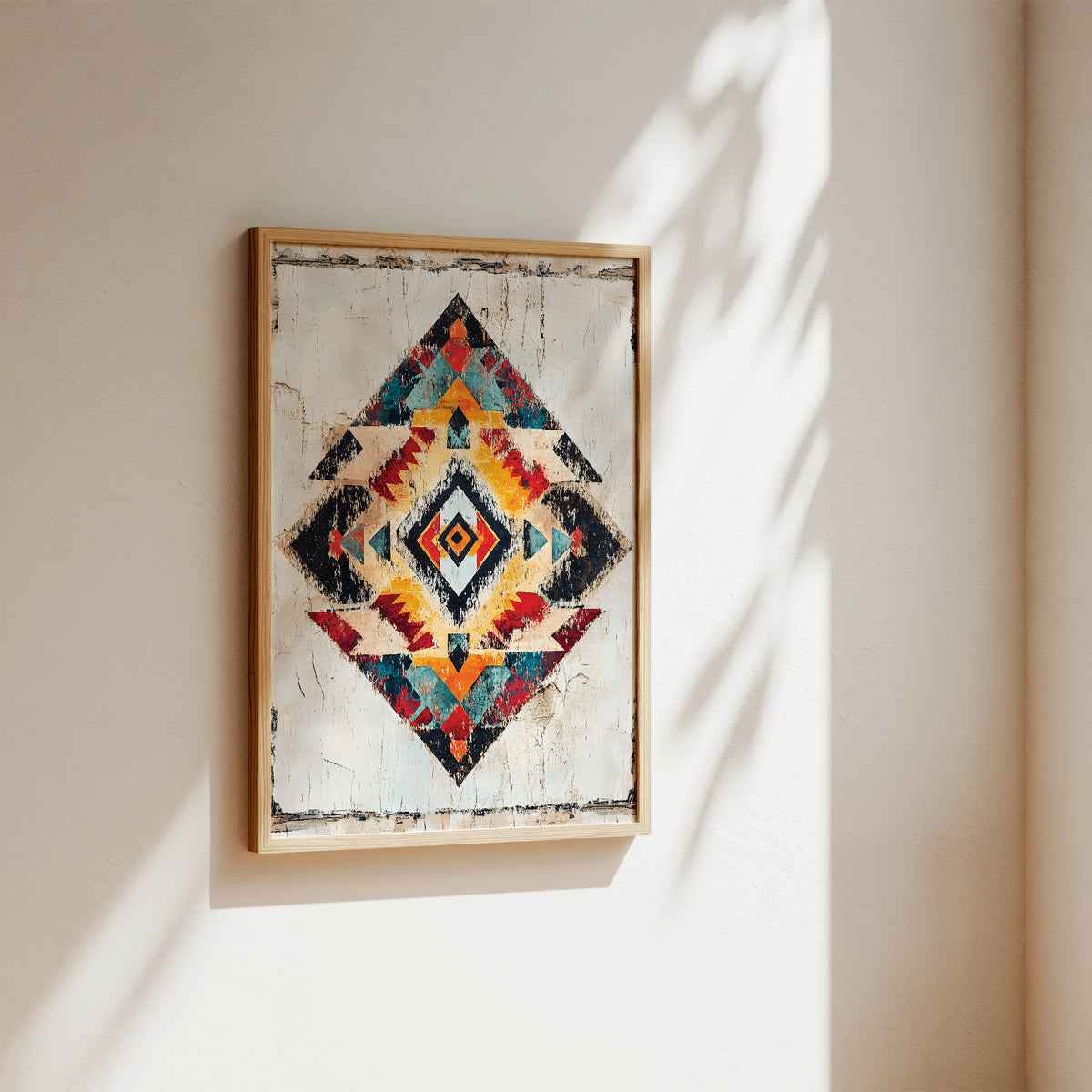 A framed geometric art print featuring a Southwestern-style diamond pattern in red, blue, yellow, black, and white, hanging on a warm beige wall with soft sunlight and leaf shadows.