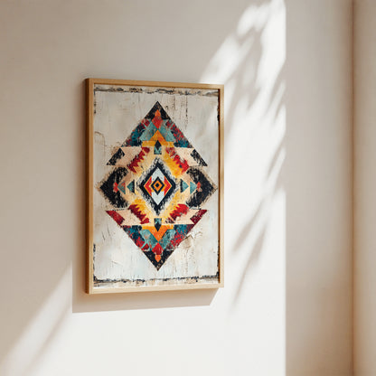 A framed geometric art print featuring a Southwestern-style diamond pattern in red, blue, yellow, black, and white, hanging on a warm beige wall with soft sunlight and leaf shadows.