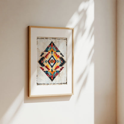 A framed art print featuring a colorful geometric diamond pattern on a textured off-white background, hanging on a warm beige wall with soft sunlight and leaf shadows.