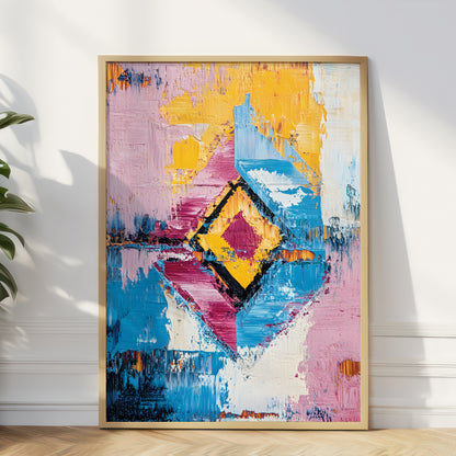 A framed abstract canvas print with bold geometric shapes and textured brushstrokes in blue, pink, yellow, purple, and white, leaning against a white wall on a light wood floor next to a green plant.