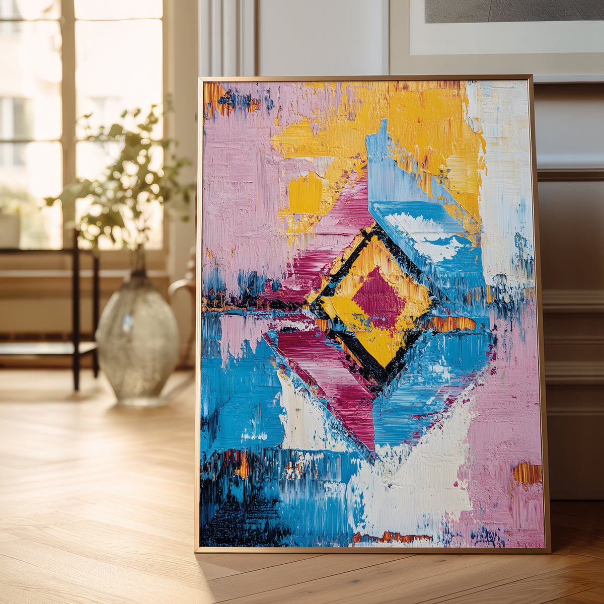 A framed abstract painting with bold brushstrokes in pink, blue, yellow, white, and black, leaning against a wall on a light wood floor in a bright, modern room.