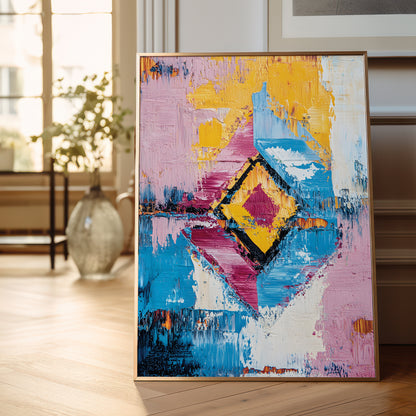 A framed abstract painting with bold brushstrokes in pink, blue, yellow, white, and black, leaning against a wall on a light wood floor in a bright, modern room.