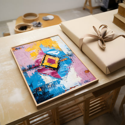 A framed abstract painting with vibrant blue, pink, yellow, and white brushstrokes sits on a light wood table next to a beige gift box tied with a ribbon.