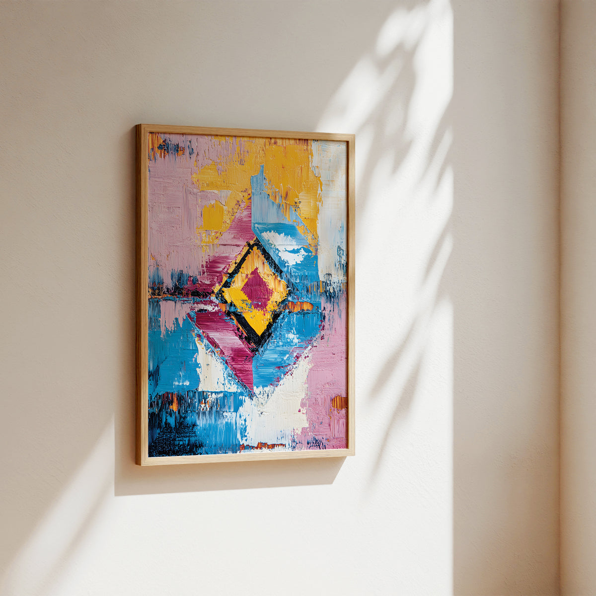 A framed abstract painting with a colorful geometric diamond design, hanging on a warm beige wall with soft sunlight and leaf shadows cast across it.