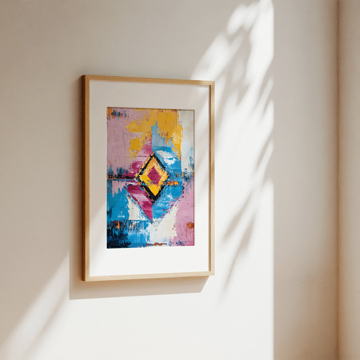 A framed abstract art print with a colorful geometric diamond design, hanging on a warm beige wall with soft sunlight and leaf shadows cast across it.