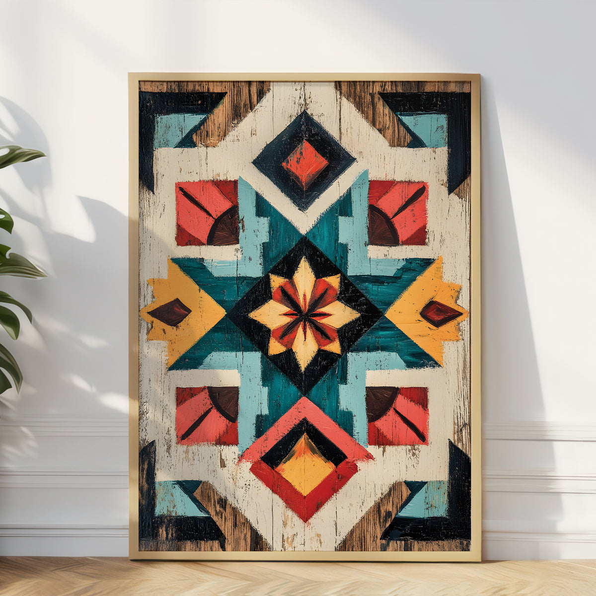 A framed geometric wall art print with a Southwestern-style star and diamond pattern in teal, red, yellow, black, and brown tones, leaning against a white wall on a light wood floor with a plant partially visible at the left edge.