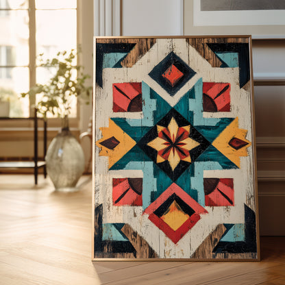 A framed geometric art print with a distressed wood texture, featuring a colorful Southwestern-style star pattern in teal, red, yellow, black, and beige, leaning against a wall on a light wood floor.