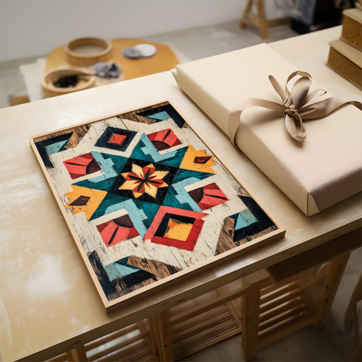 A framed geometric art print featuring a colorful star and diamond pattern in teal, red, orange, yellow, and black, displayed on a light wood table next to a wrapped gift box.