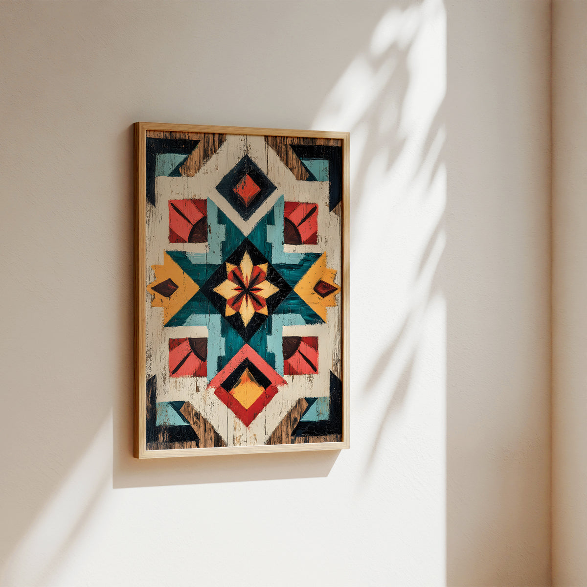 A framed geometric art print with a colorful Southwestern-style pattern hangs on a warm beige wall, illuminated by soft sunlight casting leaf shadows.