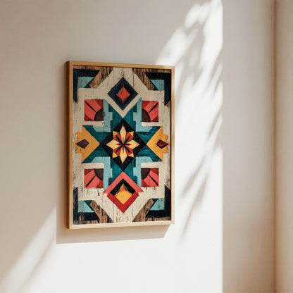 A framed geometric art print with a colorful Southwestern-style pattern hangs on a warm beige wall, illuminated by soft sunlight casting leaf shadows.