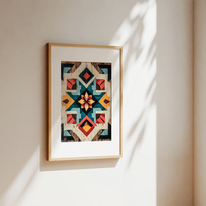 A framed art print featuring a colorful geometric Southwestern-style pattern, hanging on a warm beige wall with soft sunlight and leaf shadows casting across it.