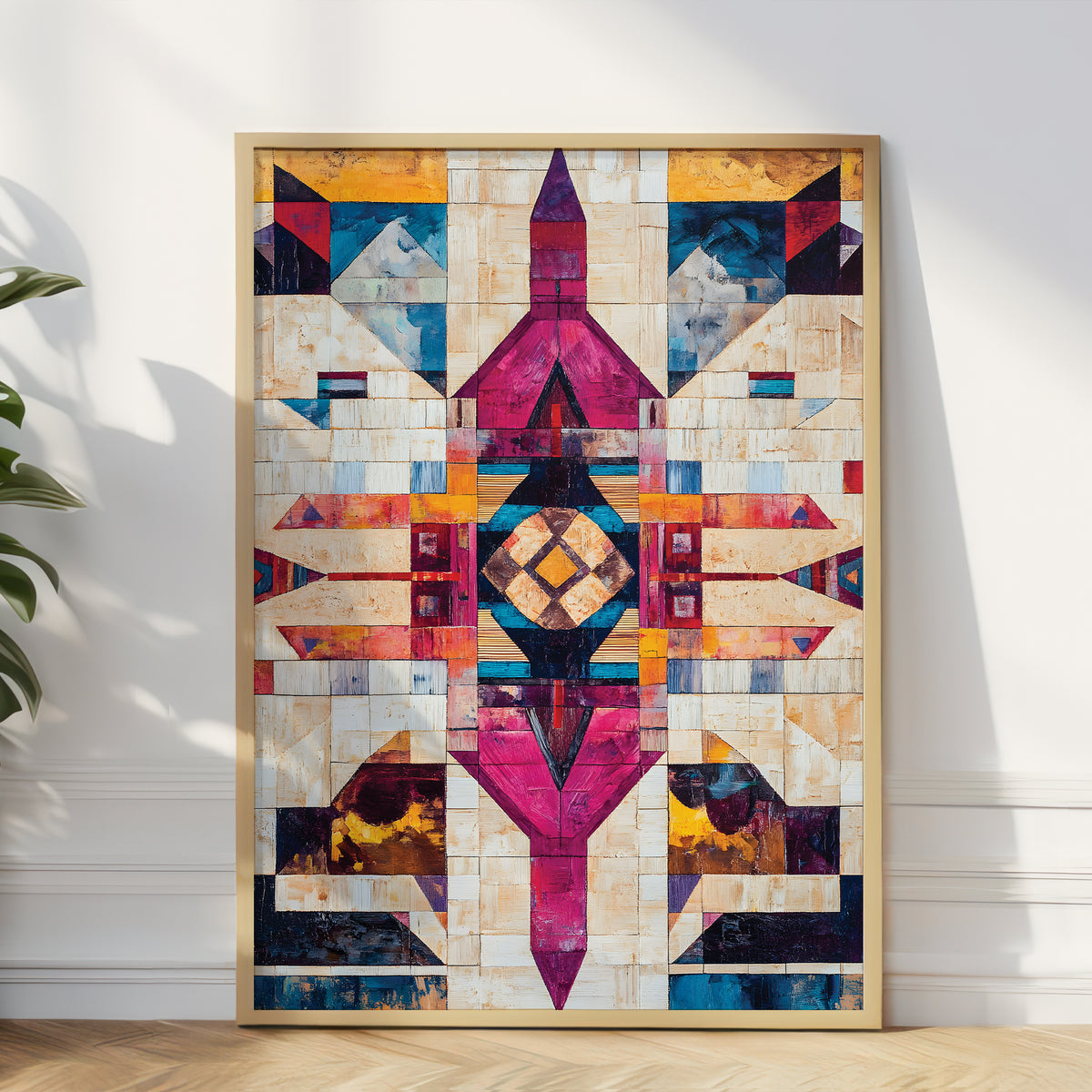 A large framed abstract geometric wall art piece with a symmetrical mosaic design in pink, blue, yellow, orange, and cream tones, leaning against a white wall on a light wood floor.