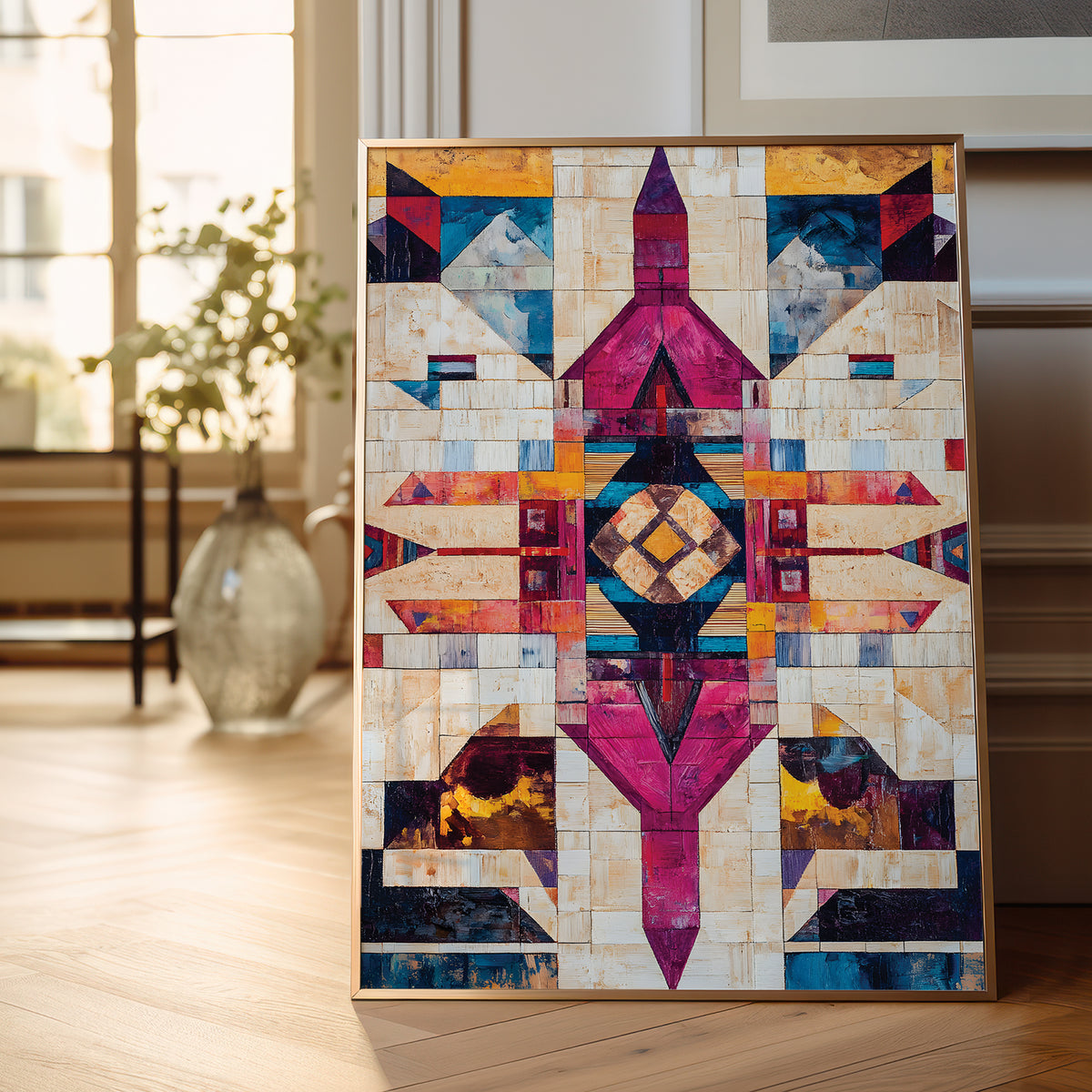 A framed geometric art print featuring a vibrant, symmetrical patchwork design in magenta, blue, orange, and cream, leaning against a wall on a light wood floor in a bright room.
