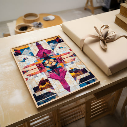 A framed abstract geometric art print with a colorful mosaic pattern featuring pink, blue, orange, and white, displayed on a light wood table next to a wrapped gift box.