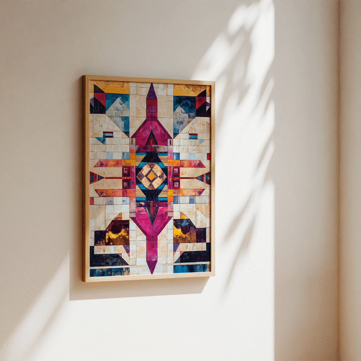 A framed geometric art print with a colorful Southwestern-inspired pattern hangs on a warm beige wall, illuminated by soft sunlight casting leaf shadows.