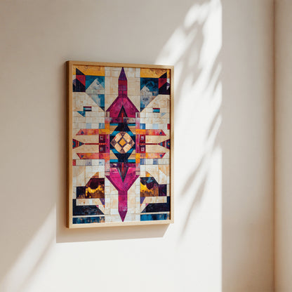 A framed geometric art print with a colorful Southwestern-inspired pattern hangs on a warm beige wall, illuminated by soft sunlight casting leaf shadows.