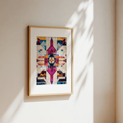 A framed art print featuring a colorful geometric Southwestern-style design, hanging on a warm beige wall with soft sunlight and leaf shadows cast across it.