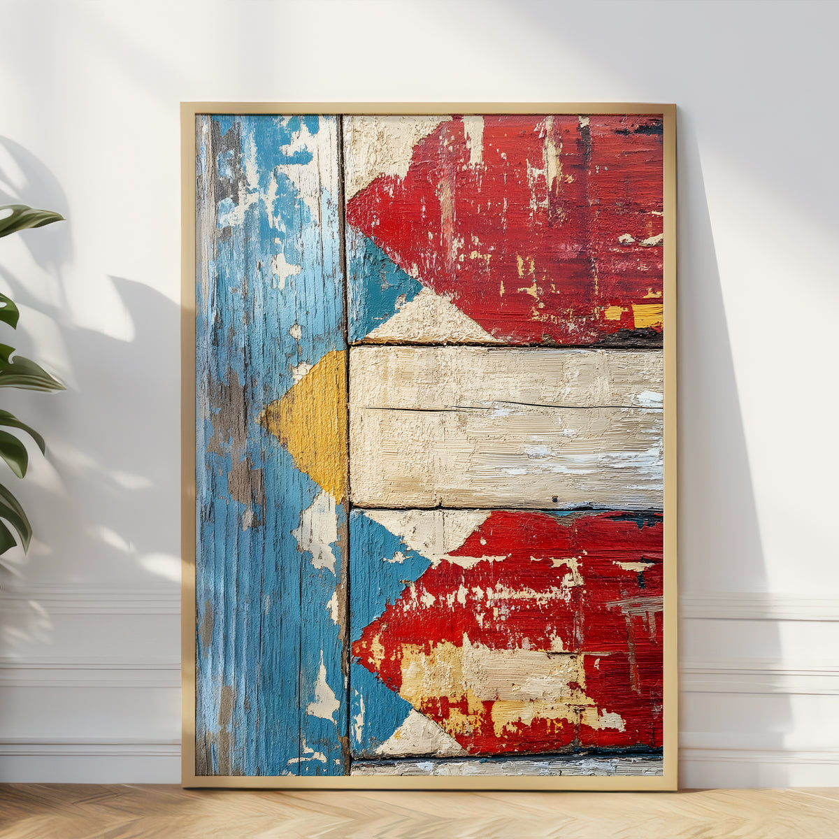 A framed wall art print featuring a distressed, weathered design inspired by the Philippine flag, with peeling blue, red, yellow, and off-white wood textures, displayed leaning against a white wall.