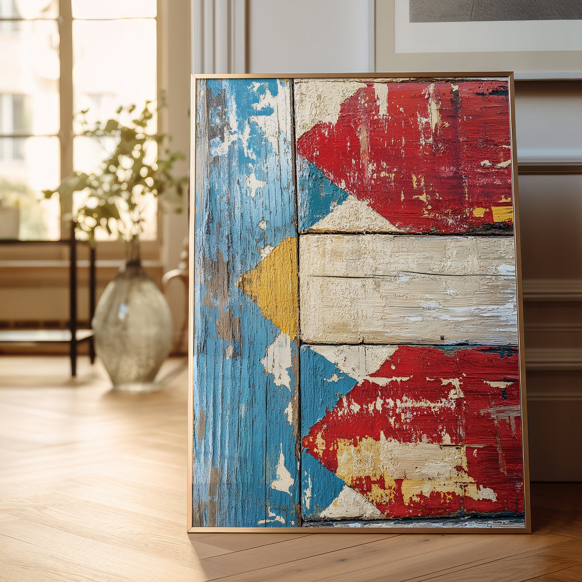 A framed rustic wooden wall art piece leaning against a light-colored wall on a wood floor, featuring distressed painted panels in blue, red, cream, and yellow with a geometric flag-inspired design.