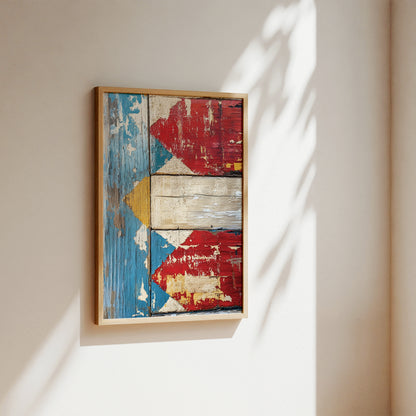 A framed abstract art print featuring a distressed, weathered design with red, blue, cream, and yellow panels, hanging on a warm beige wall with soft sunlight and leaf shadows.