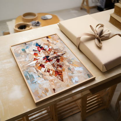 A framed abstract canvas painting with textured brushstrokes in beige, white, red, blue, and brown tones, displayed on a light wood table next to a wrapped gift box with a beige ribbon.