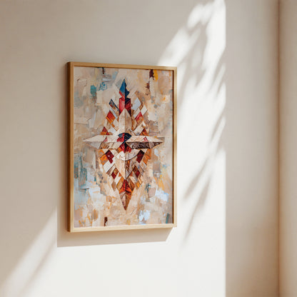 A framed abstract geometric wall art print hangs on a warm beige wall, with soft sunlight casting leafy shadows across the surface. The artwork features a central diamond-like emblem in red, brown, cream, and blue tones, enclosed in a light wood frame.