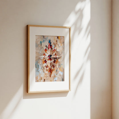 A framed abstract art print with a geometric diamond design hangs on a warm beige wall, softly lit by natural sunlight casting leaf shadows.