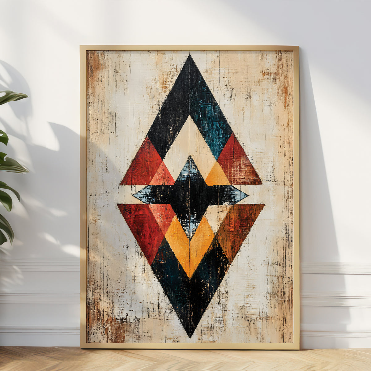 A framed geometric wall art print leaning against a white wall on a light wood floor, with a plant leaf visible at the left edge. The artwork features a distressed beige wood-textured background and a large diamond-shaped Southwestern-style motif in black, red, orange, and yellow.