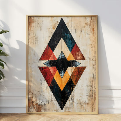 A framed geometric wall art print leaning against a white wall on a light wood floor, with a plant leaf visible at the left edge. The artwork features a distressed beige wood-textured background and a large diamond-shaped Southwestern-style motif in black, red, orange, and yellow.