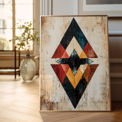 A framed geometric art print featuring a diamond-shaped quilted pattern in red, yellow, black, and cream, leaning against a wall on a light wood floor in a bright room.