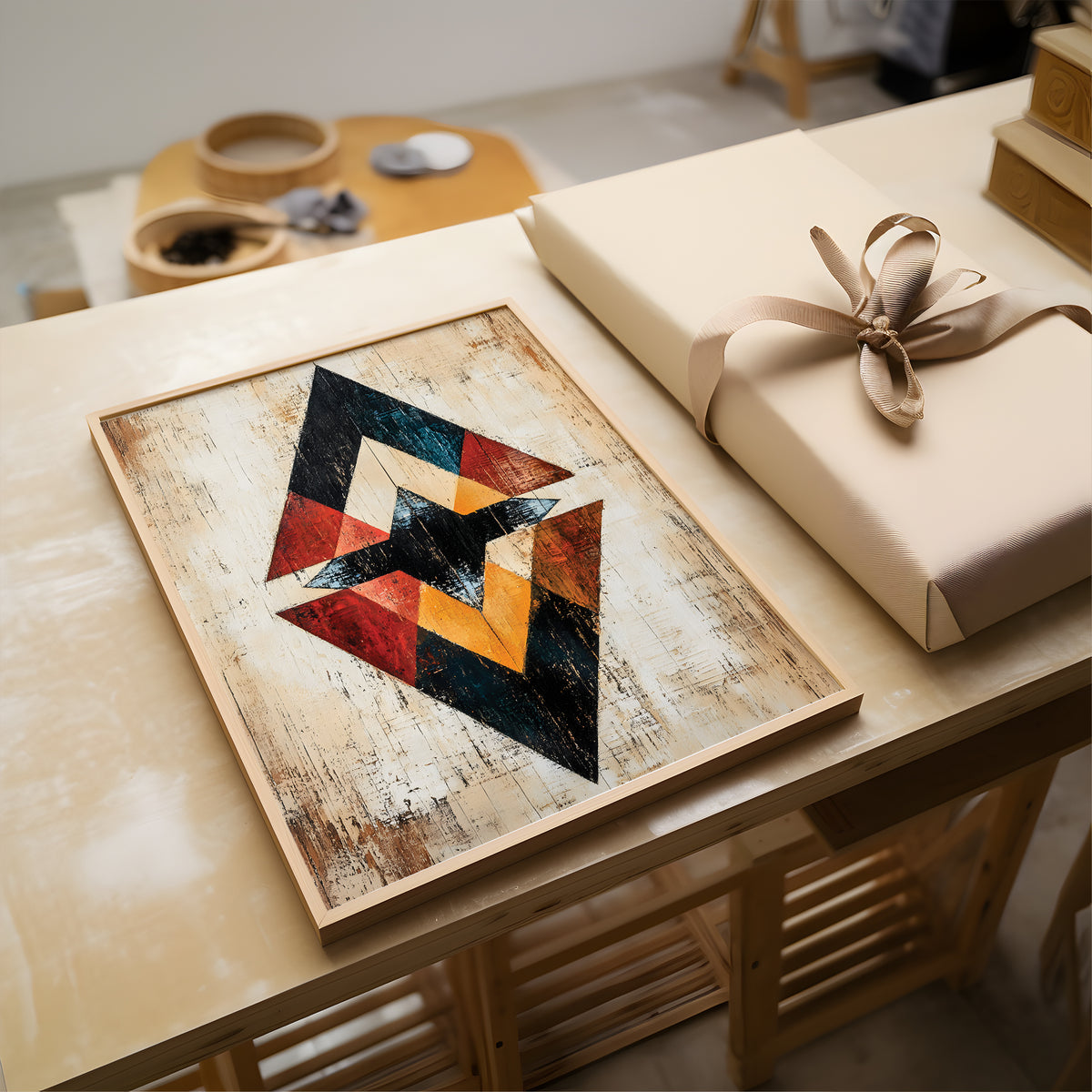 A framed abstract geometric art print with a colorful chevron pattern in red, orange, yellow, black, and blue, displayed on a light wood table next to a wrapped gift box.