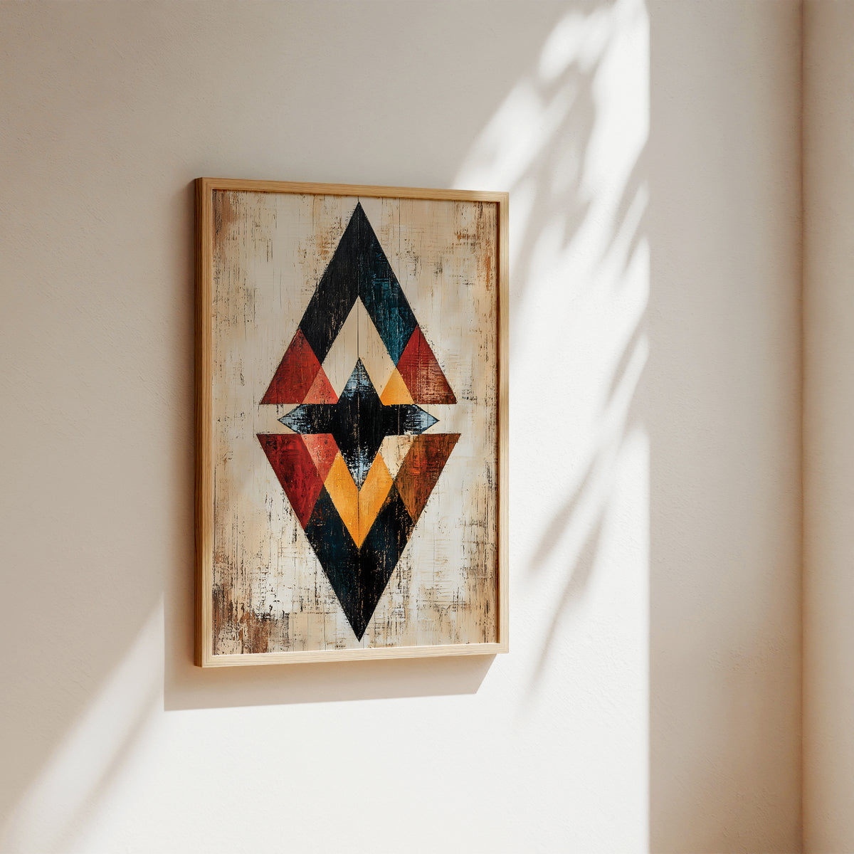 Framed geometric wall art hanging on a beige wall, featuring a distressed wood-textured background with a central diamond pattern in black, red, orange, and cream, photographed with soft sunlight and leaf shadows.