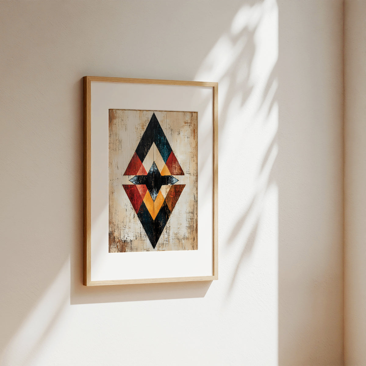Framed wall art with a geometric diamond design in black, red, orange, and cream, hung on a warm beige wall with soft sunlight and leaf shadows.