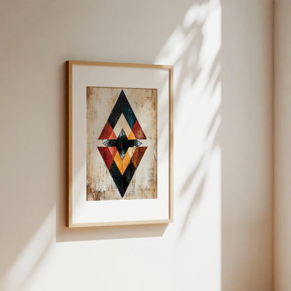 Framed wall art with a geometric diamond design in black, red, orange, and cream, hung on a warm beige wall with soft sunlight and leaf shadows.
