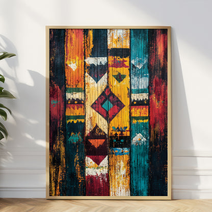 A framed vertical art print featuring a colorful Southwestern geometric pattern on distressed wood planks, leaning against a white wall on a light wood floor.