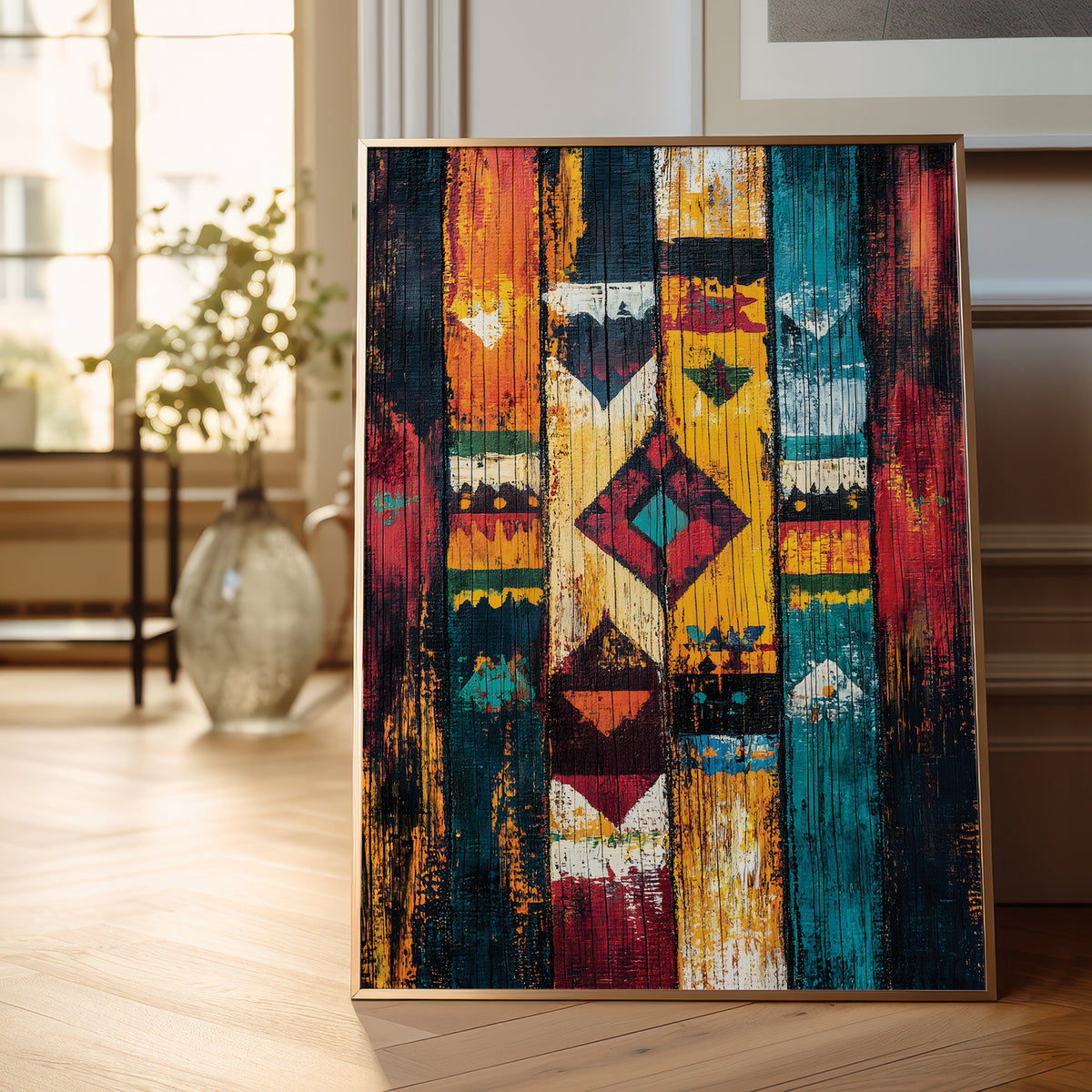 A framed vertical art print featuring a colorful geometric tribal pattern with distressed wood textures, leaning against a wall on a light wooden floor in a bright, modern room.