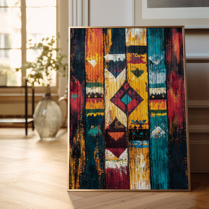 A framed vertical art print featuring a colorful geometric tribal pattern with distressed wood textures, leaning against a wall on a light wooden floor in a bright, modern room.