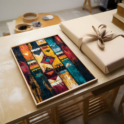 A framed abstract geometric art print with a colorful patchwork design in red, yellow, teal, and black, displayed on a light wood table next to a wrapped gift box.