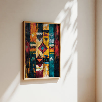 A framed vertical art print featuring a colorful geometric tribal pattern, hanging on a warm beige wall with soft sunlight and leaf shadows cast across it.
