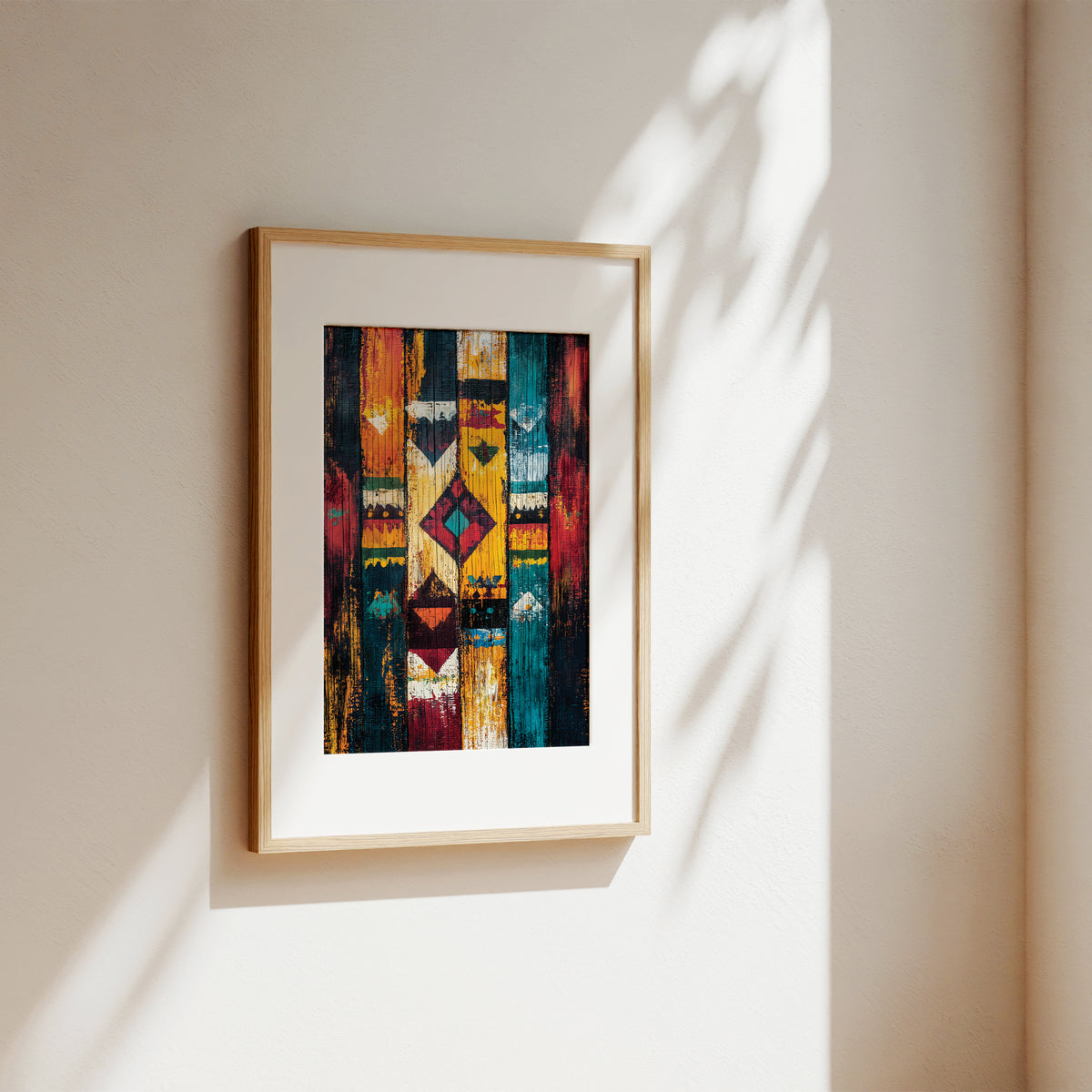 Framed vertical art print with a colorful geometric tribal pattern, displayed on a warm beige wall with soft leaf shadows.