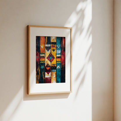 Framed vertical art print with a colorful geometric tribal pattern, displayed on a warm beige wall with soft leaf shadows.